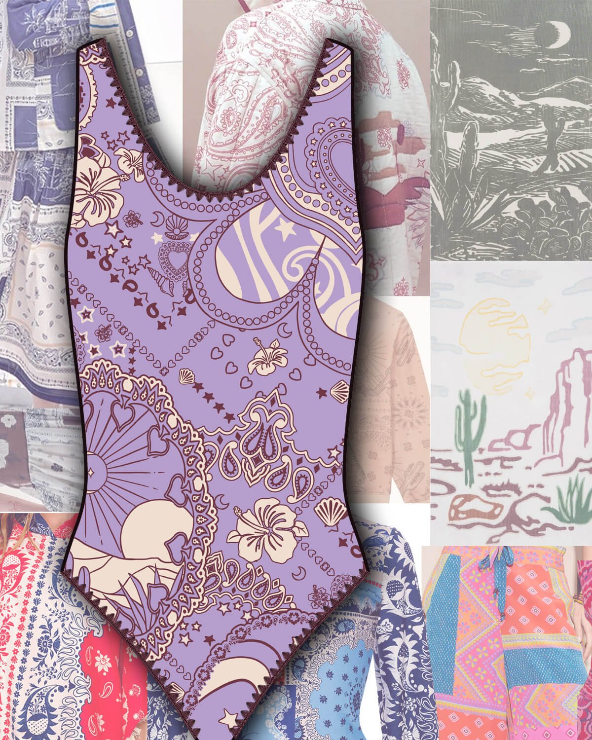 Trend research moodboard proposed to client and the final swimwear print